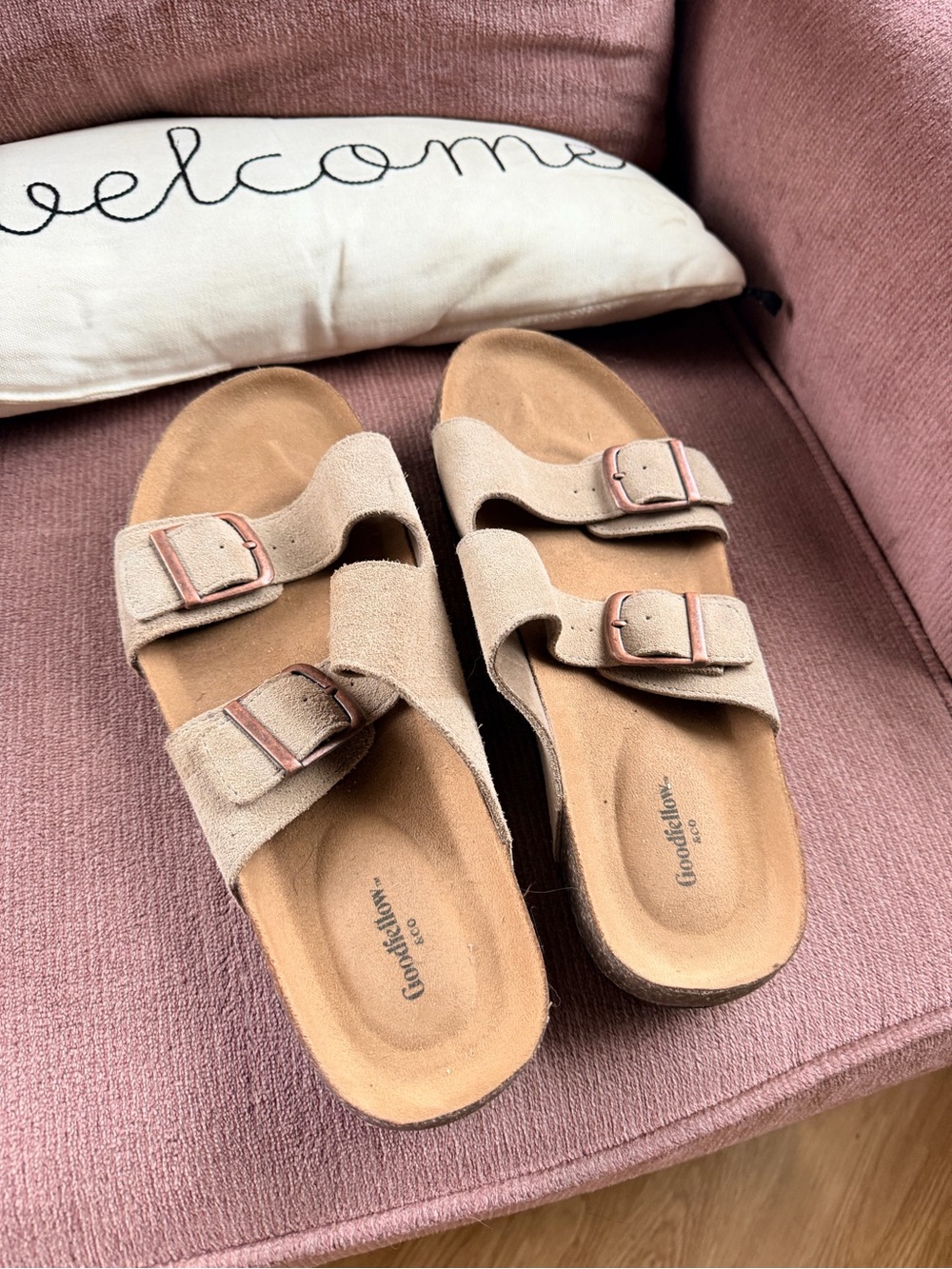Goodfellow & Co Beige Suede Double-Buckle Slide Sandals